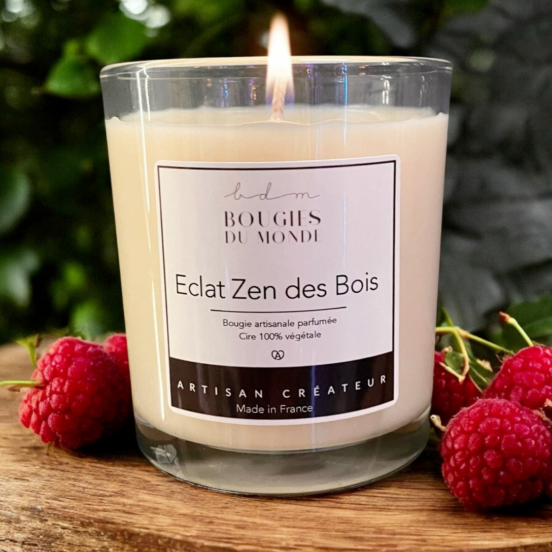 Bougie parfumée Éclat zen des bois de Bougies du Monde cerise framboise mousse de chêne 